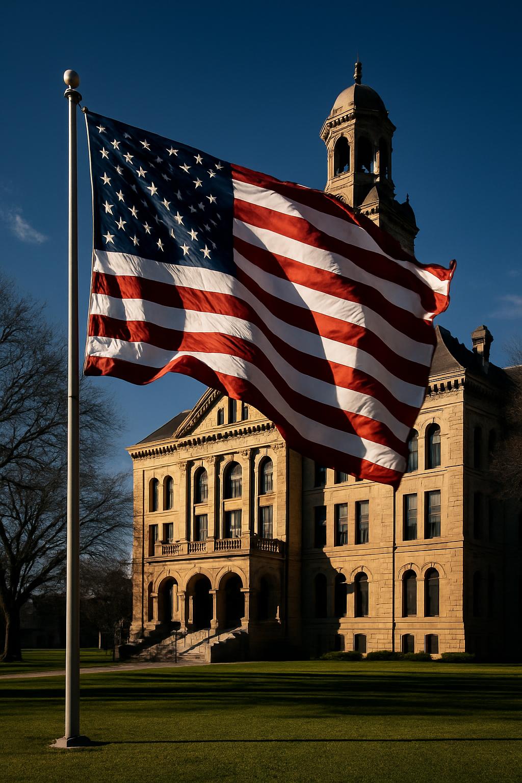 An American flag in front of a large building with light-brown stone and a tall tower.