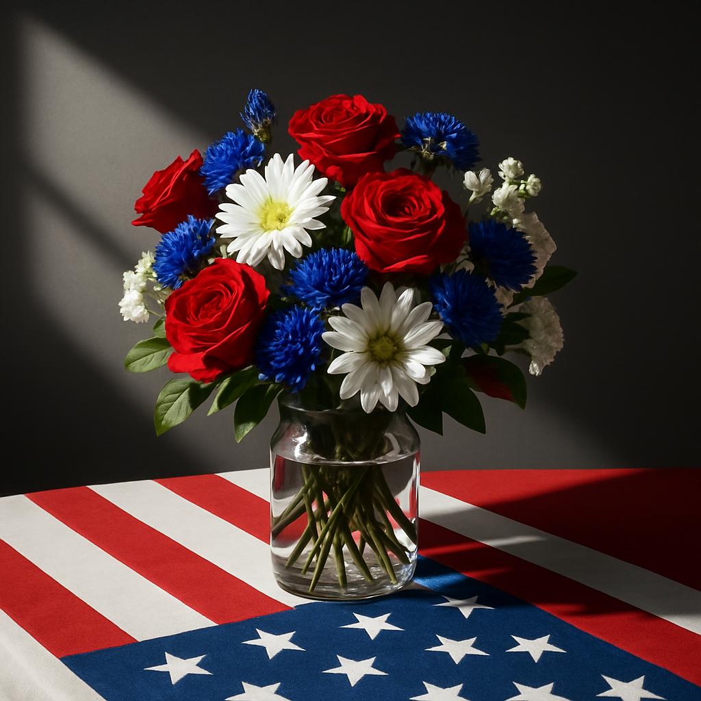 Vase of red roses, white flowers, and bright-blue chrysanthemums on a table draped in an American flag. Soft gray wall beh...