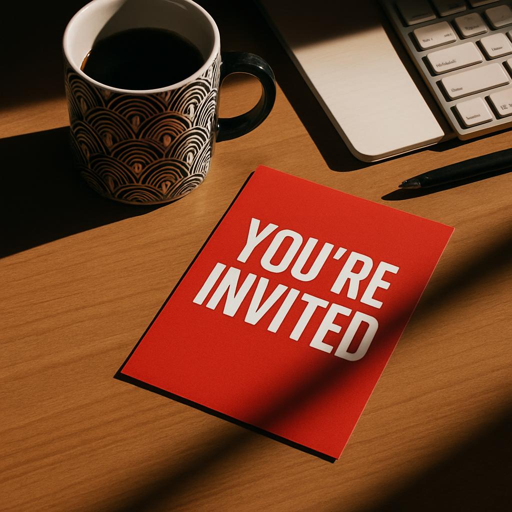 a wooden desk with a laptop, coffee mug, and a friendly "you're invited" note written on a red card with a bold, white font.