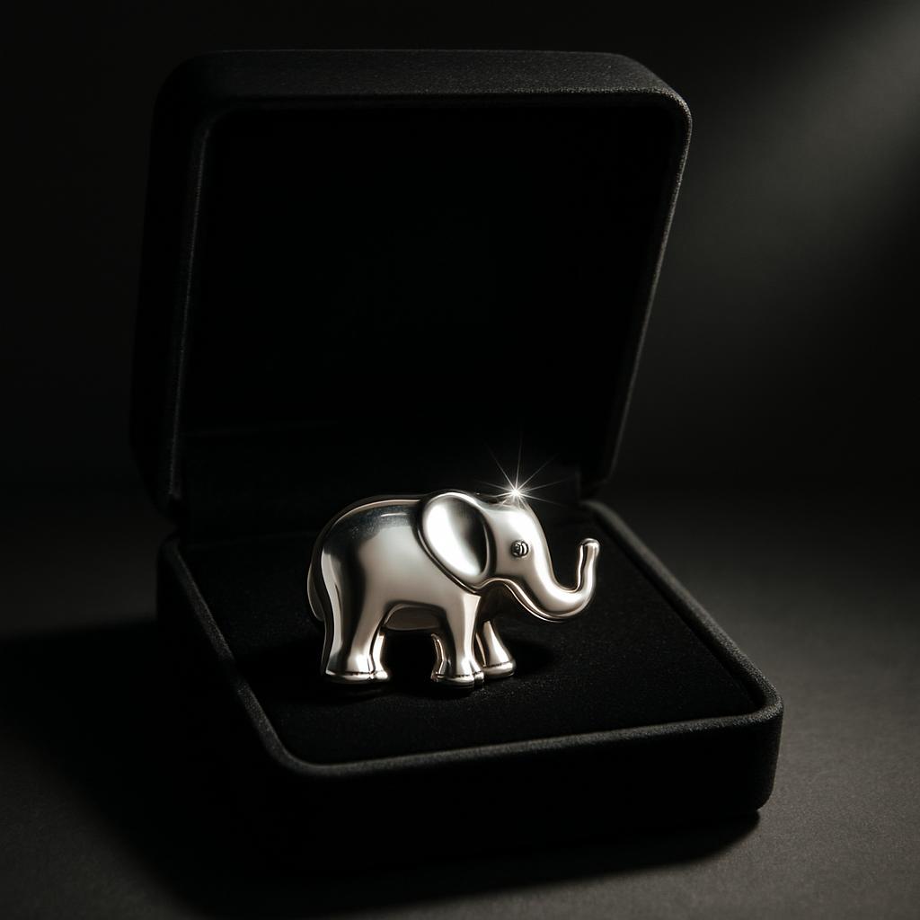An elephant figurine sits in an open black velvet jewelry box on a dark surface and background, capturing the light with i...