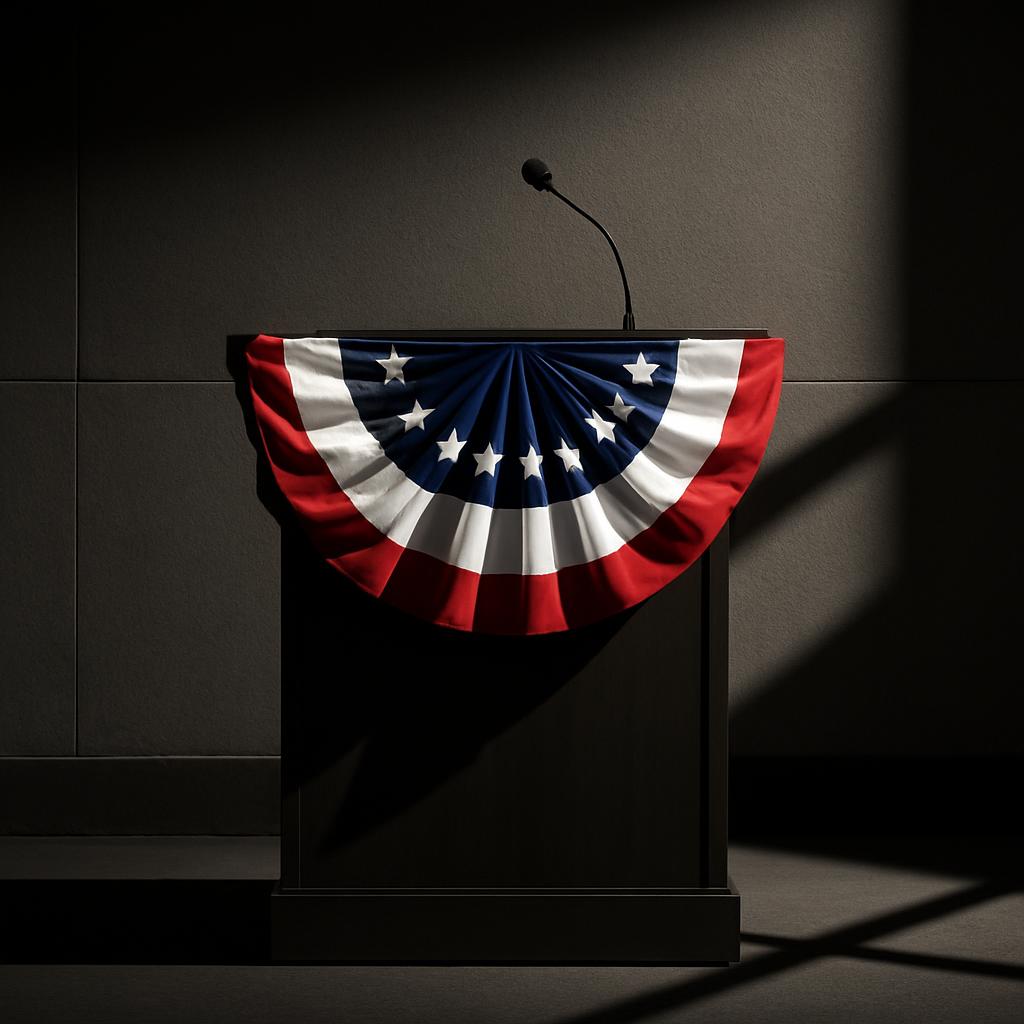 A podium with an American flag bunting in front, set against a dark gray wall with a spotlight shining down and casting sh...