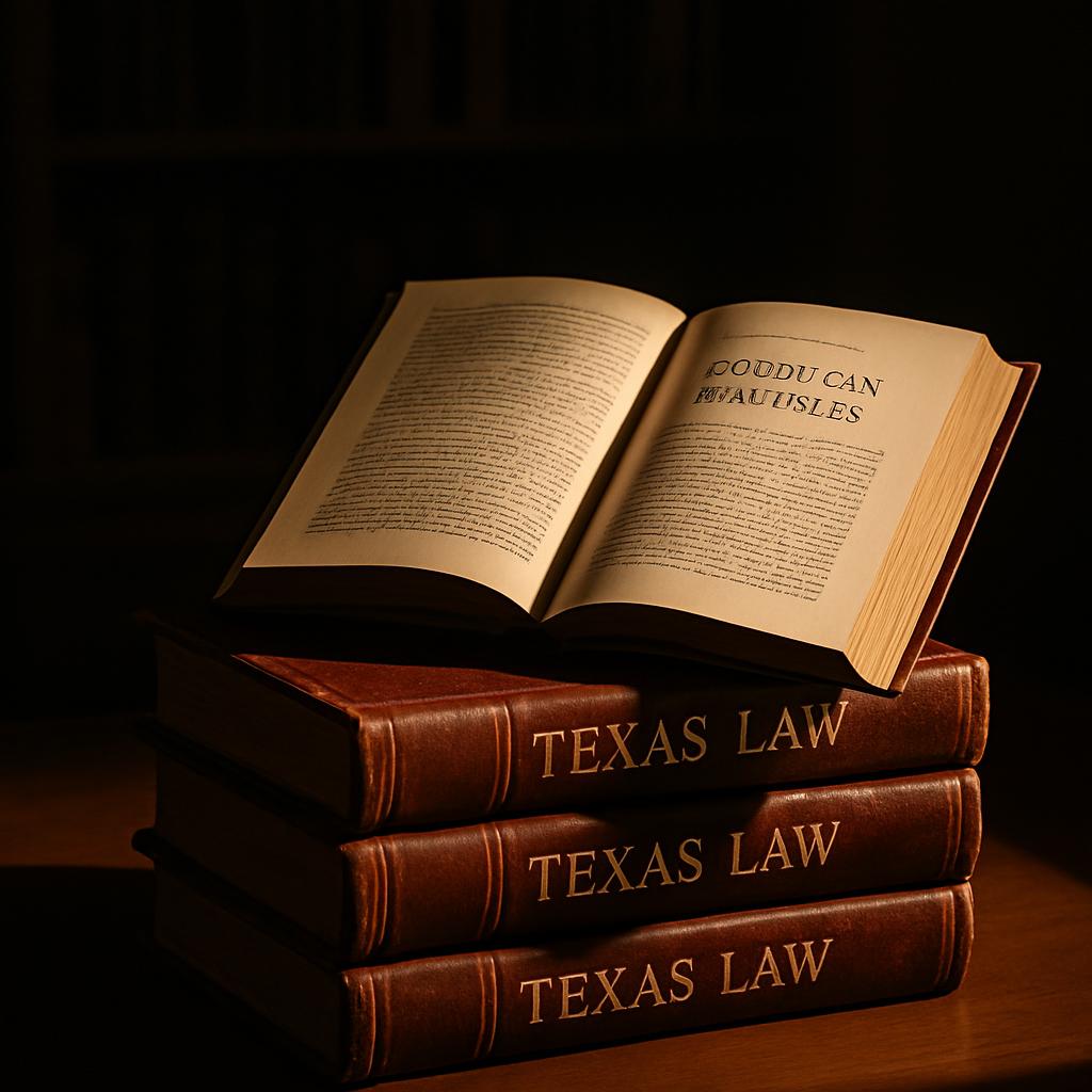 A stack of three leather-bound books with gold lettering on the spines reading "TEXAS LAW" in front of an open book that a...