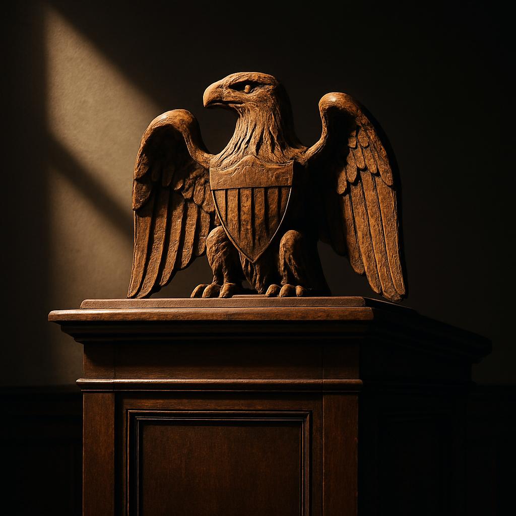 A wood carving of an American Eagle sits proudly on a dark wooden stand, bathed in warm light, symbolizing strength, freed...