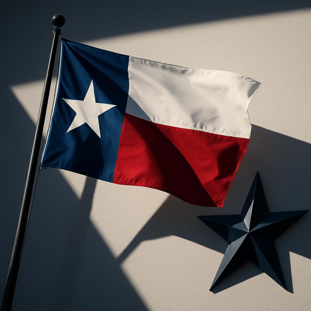 Texas patriotic image, featuring Texas flag, red, white, and blue colors, and a sense of state pride